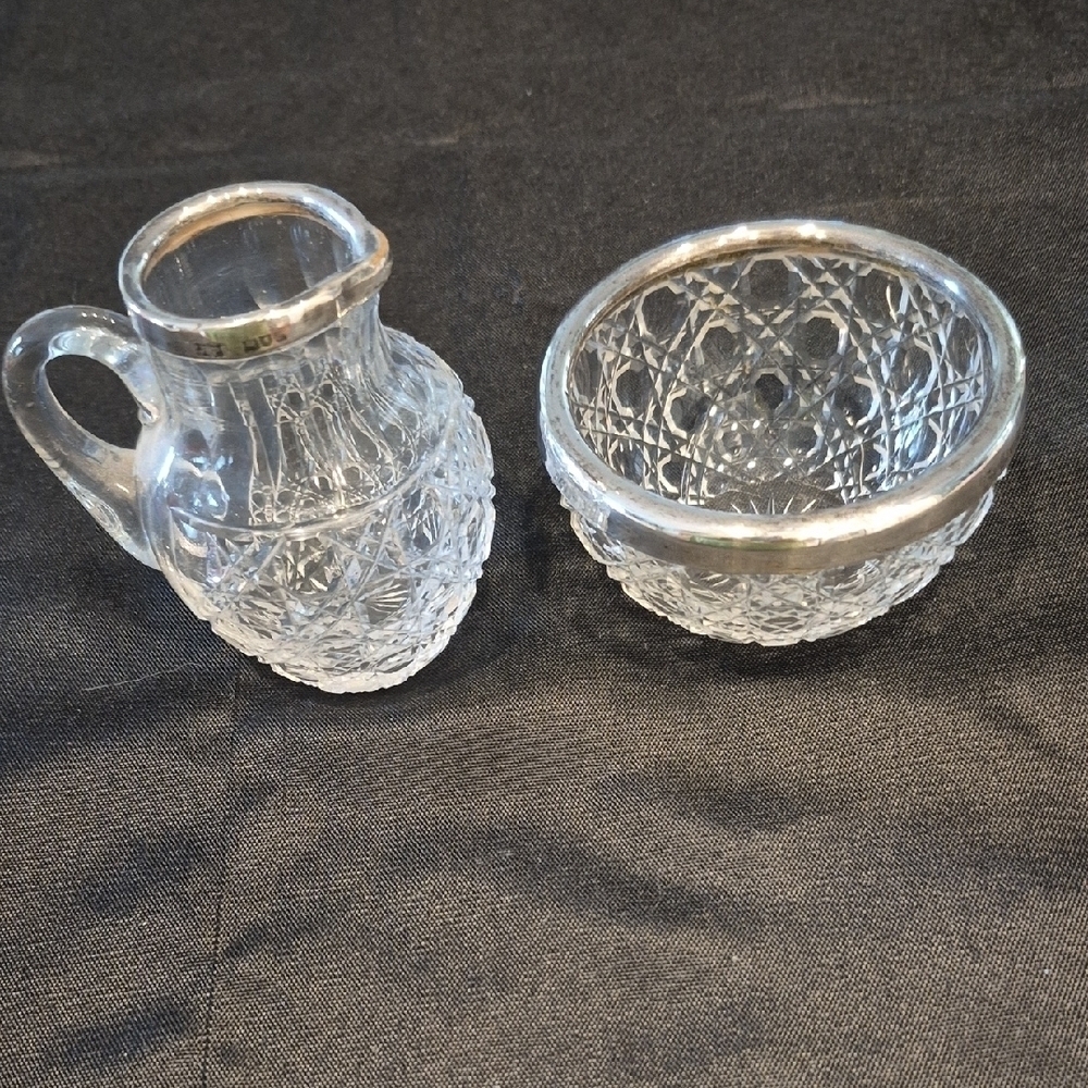 Vintage Sterling Silver Plated Crystal Cream And Sugar Set